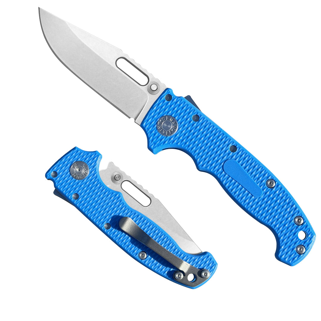 American made AD20S folding knife with MagnaCut clip point blade and Blue Grivory G10 handle.