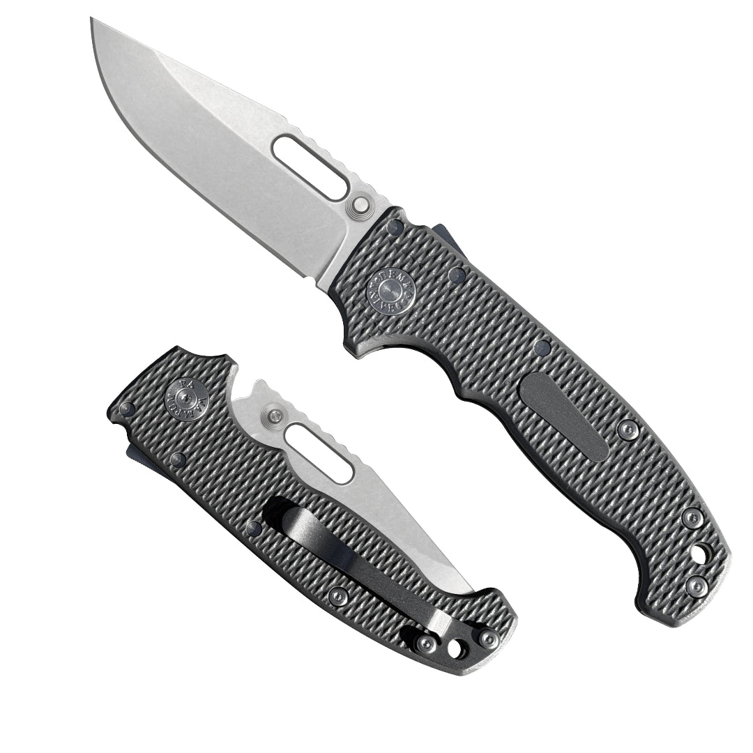 American made AD20S folding knife with MagnaCut clip point blade and Grey Grivory G10 handle.