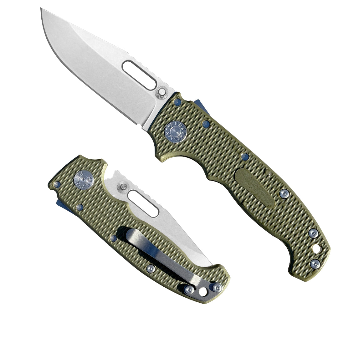 American made AD20S folding knife with MagnaCut clip point blade and OD Green Grivory G10 handle.