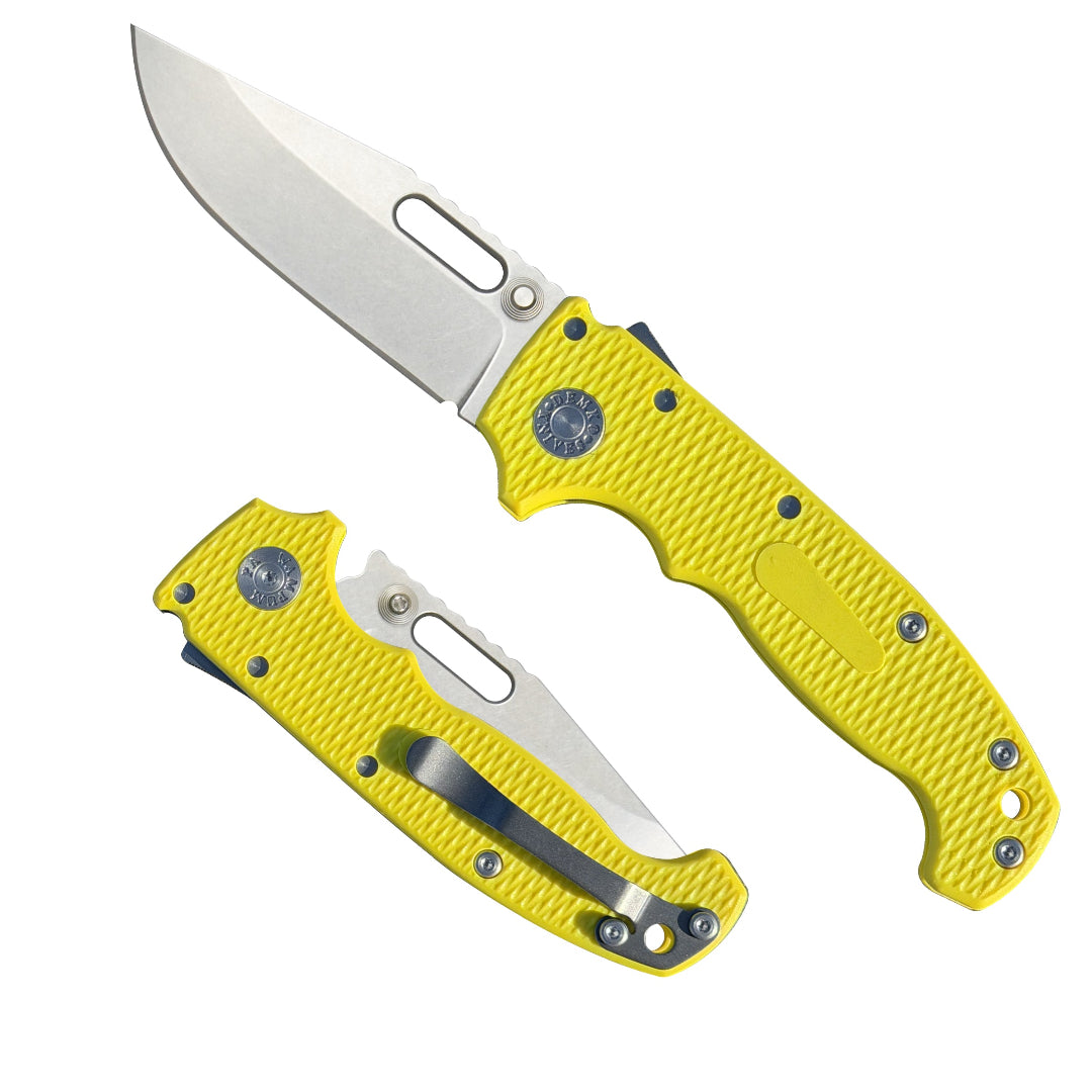 American made AD20S folding knife with MagnaCut clip point blade and Yellow Grivory G10 handle.