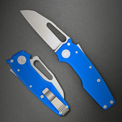 American made AD22 folding knife with a MagnaCut shark foot blade, blue G10 handle, new deep carry pocket clip and shark-lock mechanism.