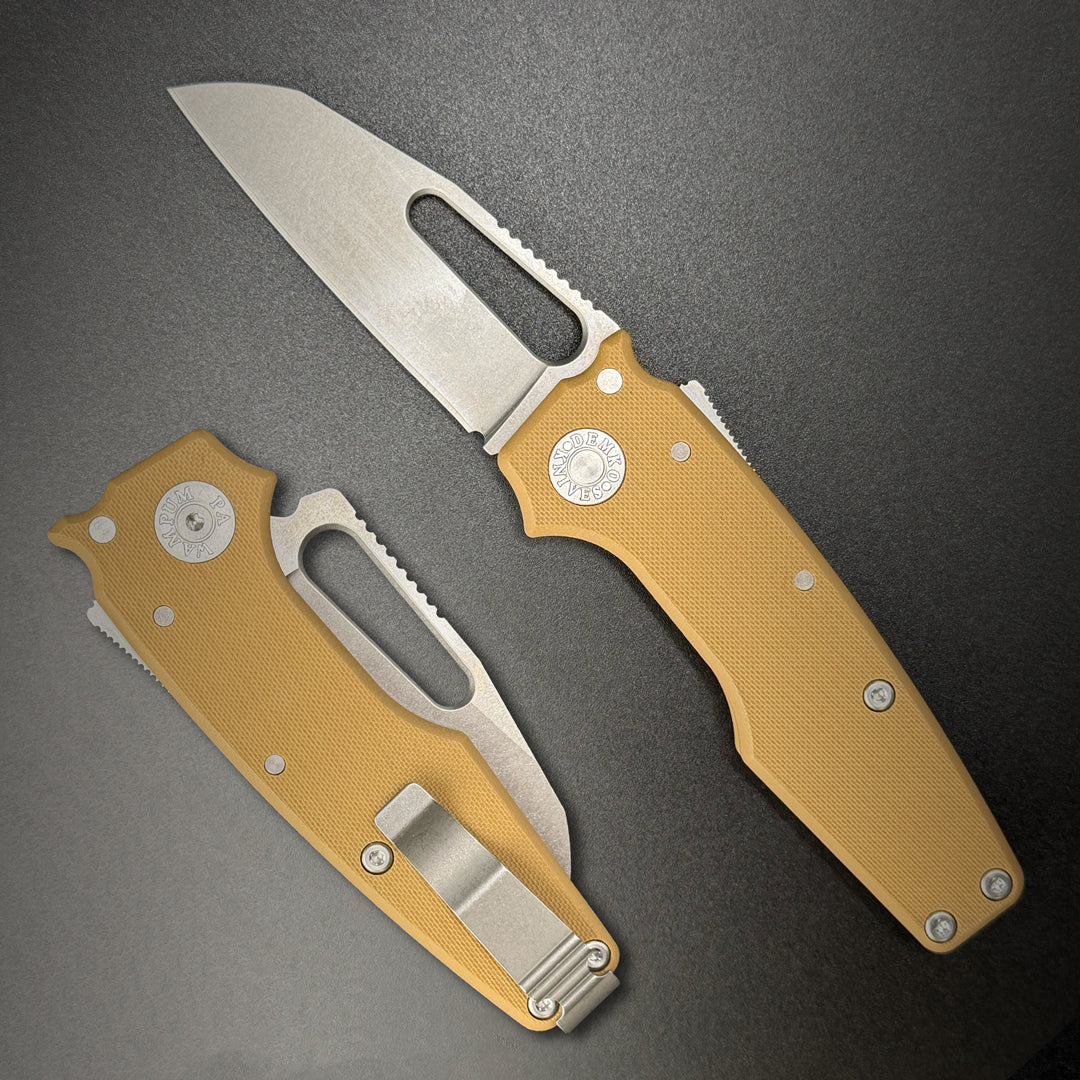 American made AD22 folding knife with a MagnaCut shark foot blade, brown G10 handle, new deep carry pocket clip and shark-lock mechanism.