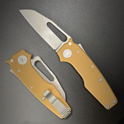 American made AD22 folding knife with a MagnaCut shark foot blade, brown G10 handle, new deep carry pocket clip and shark-lock mechanism.
