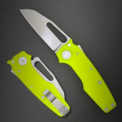 American made AD22 folding knife with a MagnaCut shark foot blade, day glow G10 handle, new deep carry pocket clip and shark-lock mechanism.