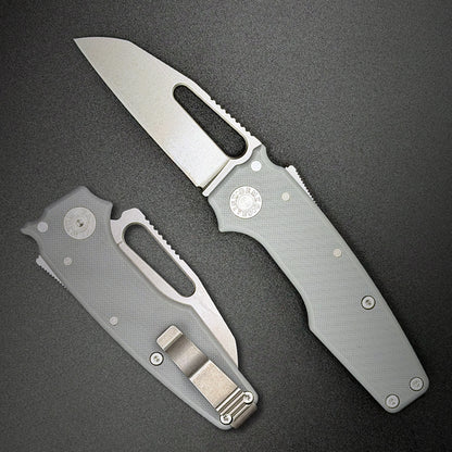 American made AD22 folding knife with a MagnaCut shark foot blade, gray G10 handle, new deep carry pocket clip and shark-lock mechanism.