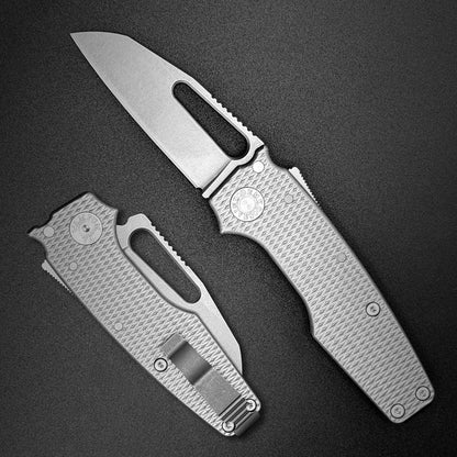 American made AD22 folding knife with a MagnaCut shark foot blade, milled titanium handle, new deep carry pocket clip and shark-lock mechanism.