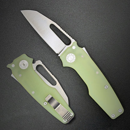 American made AD22 folding knife with a MagnaCut shark foot blade, natural G10 handle, new deep carry pocket clip and shark-lock mechanism.