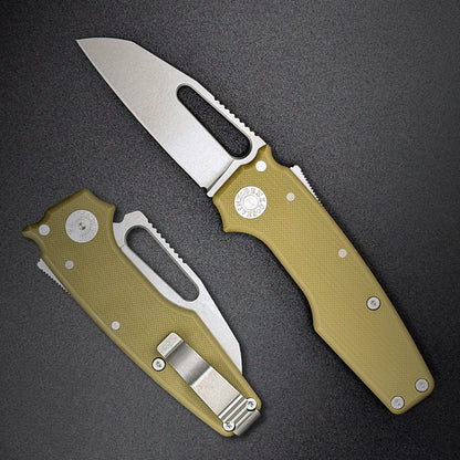 American made AD22 folding knife with a MagnaCut shark foot blade, OD Green G10 handle, new deep carry pocket clip and shark-lock mechanism.