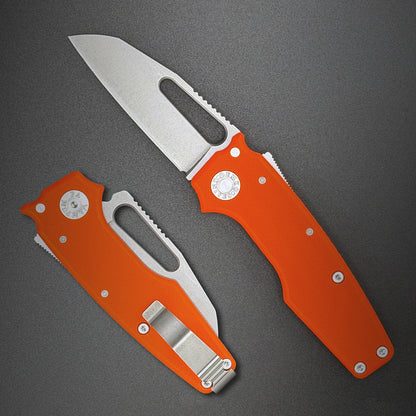 American made AD22 folding knife with a MagnaCut shark foot blade, orange G10 handle, new deep carry pocket clip and shark-lock mechanism.