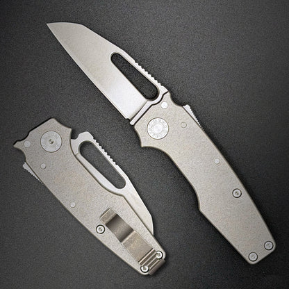 American made AD22 folding knife with a MagnaCut shark foot blade, smooth titanium handle, new deep carry pocket clip and shark-lock mechanism.