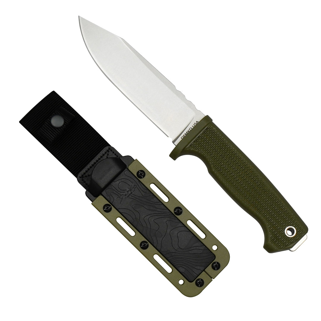 American-Made Freereign fixed blade with green handle and a black and OD green sheath.