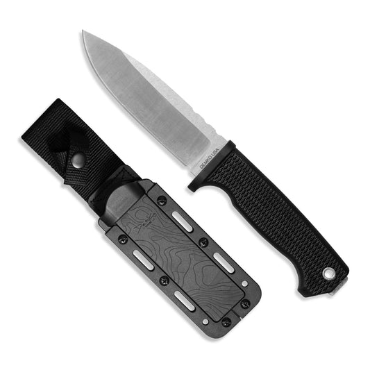 American made FreeReign with black handle and sheath on a white background.