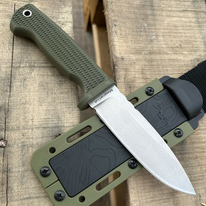 American FreeReign drop point MagnaCut fixed blade featuring an OD Green handle with a textured grip and sheath.