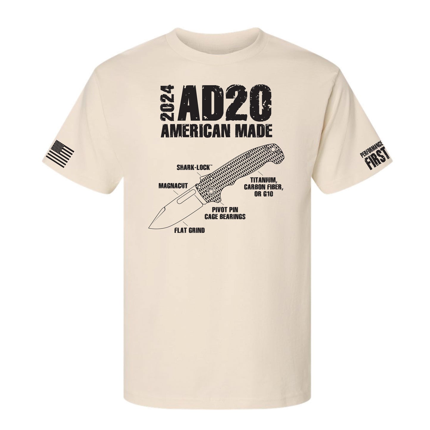 Beige t-shirt for the 2024 Blade Show. Showcasing the American Made AD20.
