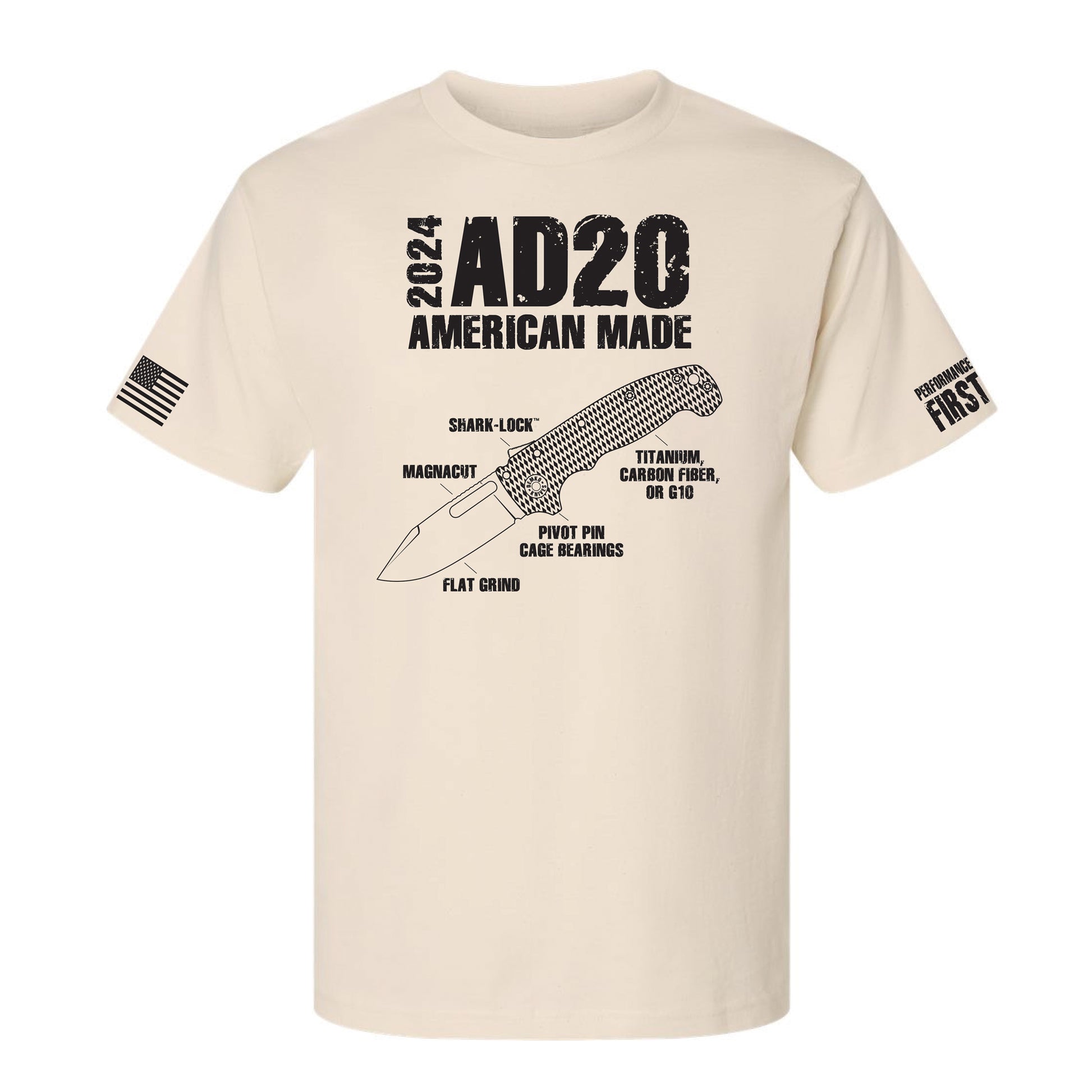 Beige t-shirt for the 2024 Blade Show. Showcasing the American Made AD20.