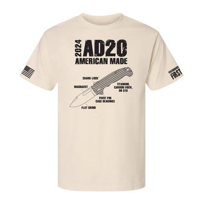 Beige t-shirt for the 2024 Blade Show. Showcasing the American Made AD20.