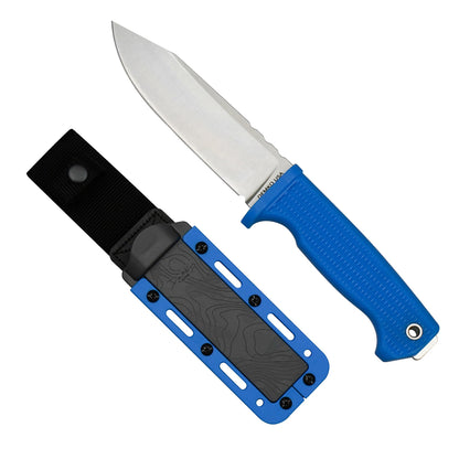 American made FreeReign fixed blade with blue handle and a black and blue sheath.
