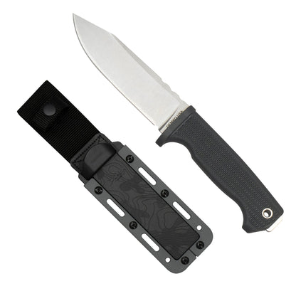 American Made Freereign fixed blade with grey handle and a black and grey sheath.