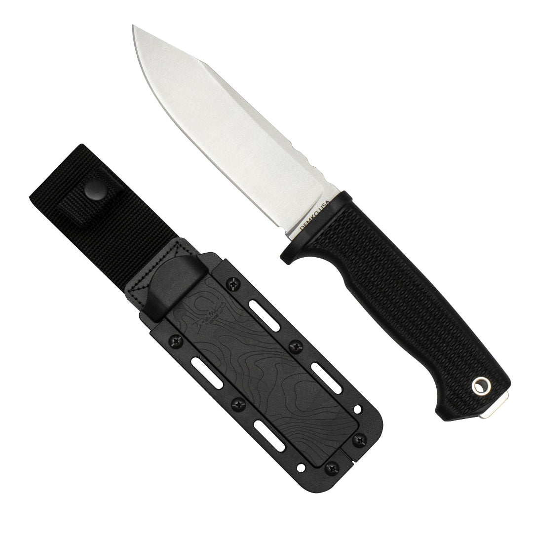 American-Made Freereign fixed blade with black handle and a all black sheath.