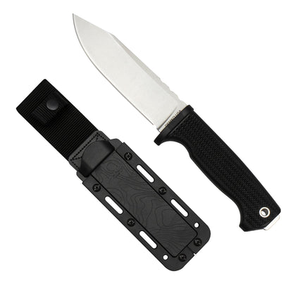 American-Made Freereign fixed blade with black handle and a all black sheath.