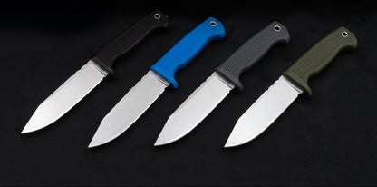 Four american made freereign 3V fixed blade knives with different colored handles on a black background.