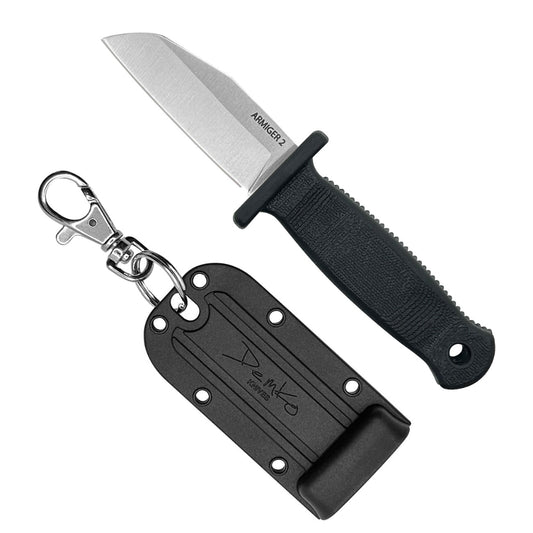 Armiger 2 black shark foot fixed blade knife with sheath and keychain clip.