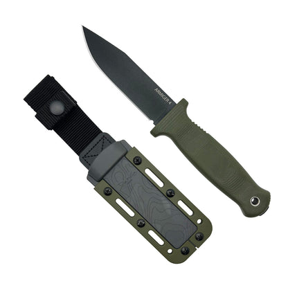 Armiger 4 OD Green, 80CrV2 powder coated clip point blade with sheath on a white background.