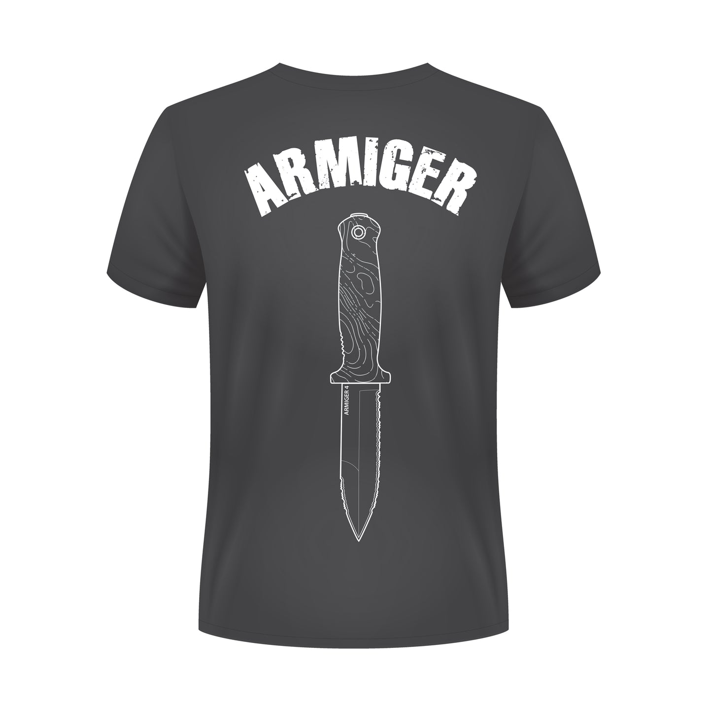 Grey Armiger 4 t-shirt with Armiger written across the top and a line drawing of the Armiger 4 fixed blade.