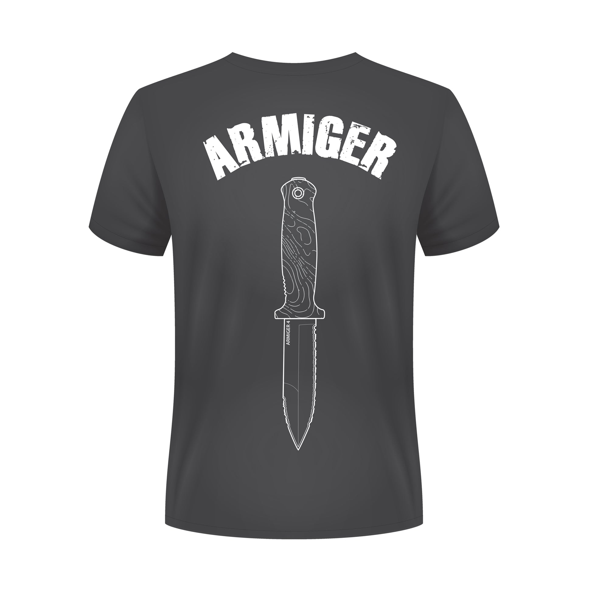 Grey Armiger 4 t-shirt with Armiger written across the top and a line drawing of the Armiger 4 fixed blade.