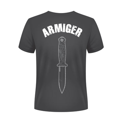 Grey Armiger 4 t-shirt with Armiger written across the top and a line drawing of the Armiger 4 fixed blade.