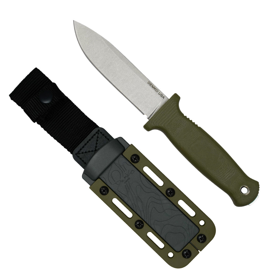 Armiger 4 fixed blade hunting knife with an OD Green handle, sheath and a MagnaCut steel drop point blade.