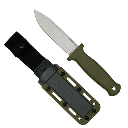 Armiger 4 fixed blade hunting knife with an OD Green handle, sheath and a MagnaCut steel drop point blade.
