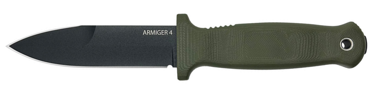 Armiger 4 fixed blade with green handle and black powder coated spear point blade.