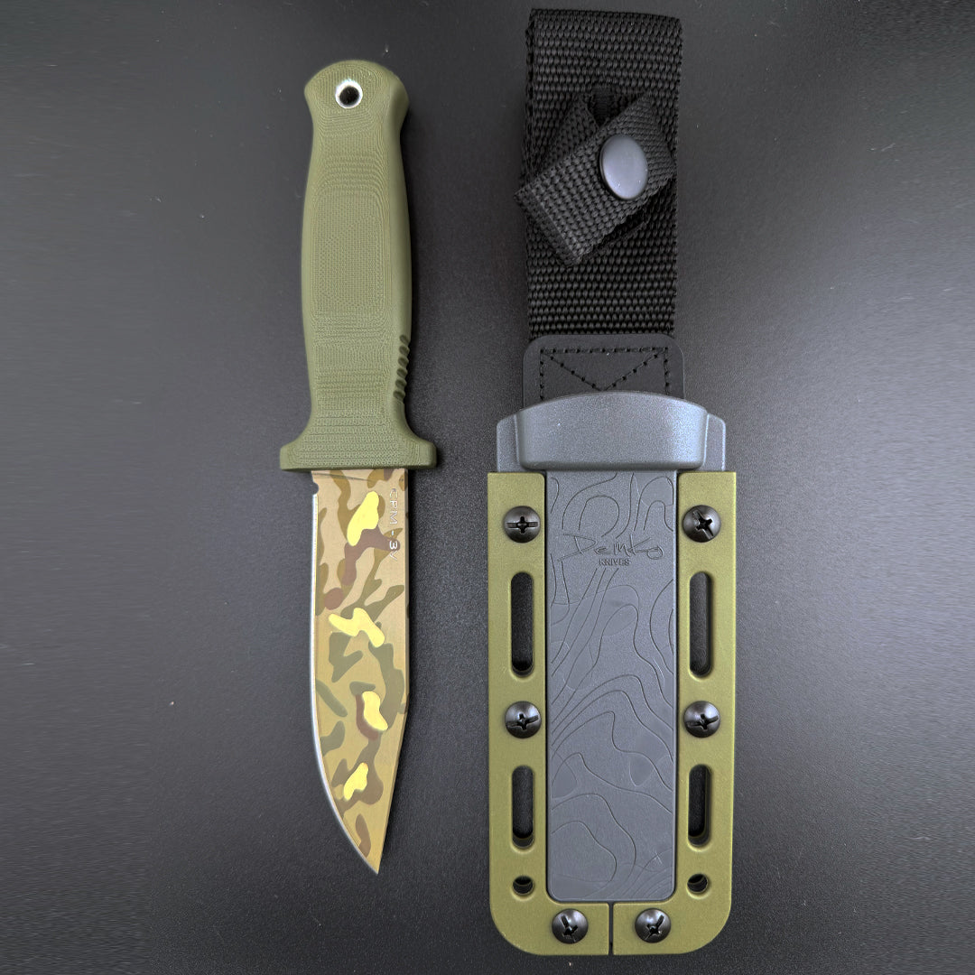 American made Armiger 4 od green knife with cerakote 7-color camouflage blade and sheath.