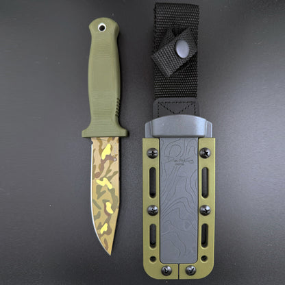 American made Armiger 4 od green knife with cerakote 7-color camouflage blade and sheath.