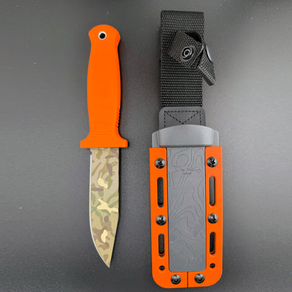American made Armiger 4 orange knife with cerakote 7-color camouflage blade and sheath.