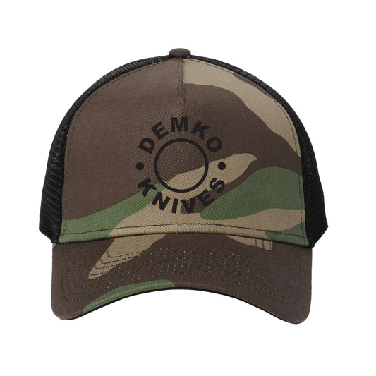 Camouflage baseball cap with black embroidered 'Demko Knives' logo on a white background.