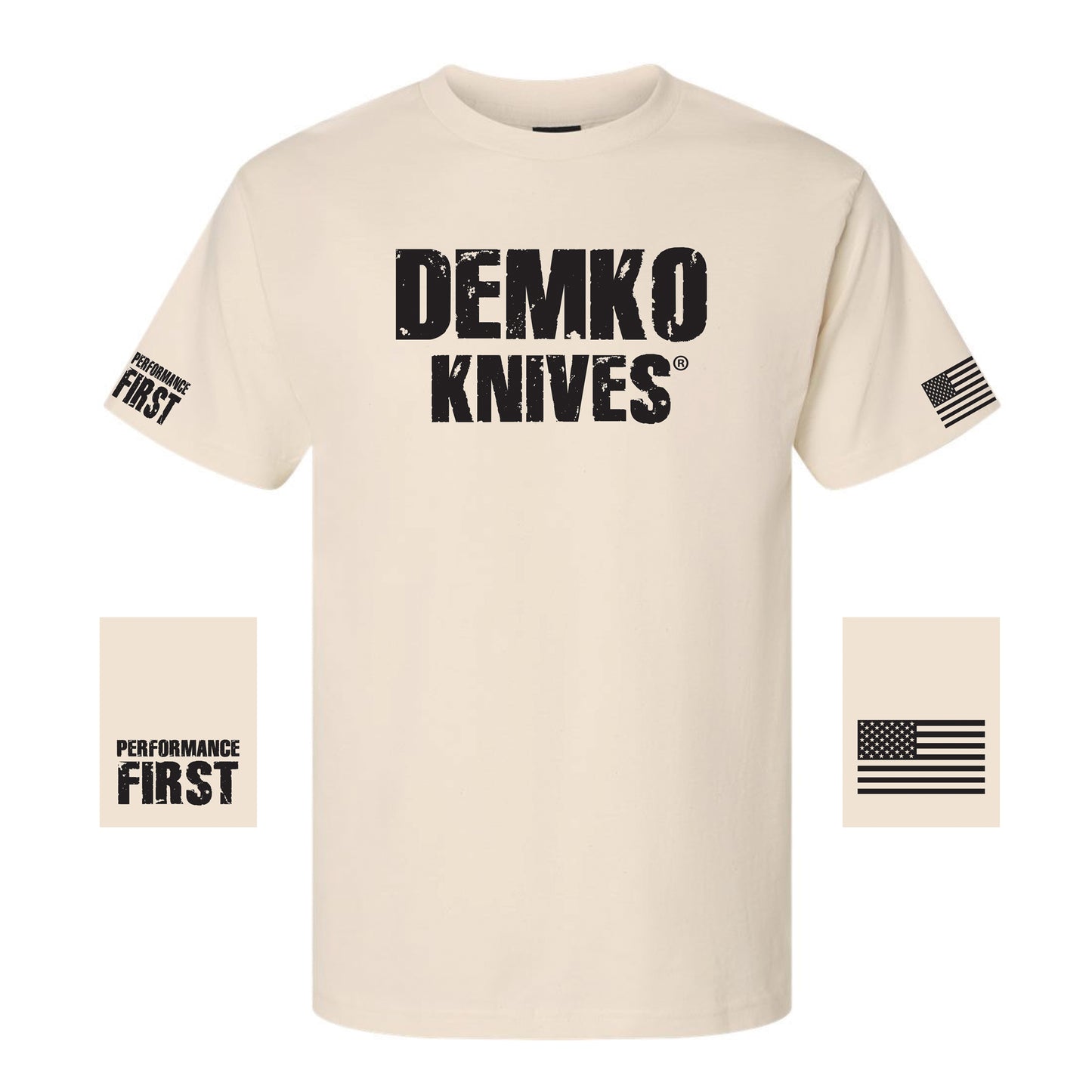 Beige t-shirt with 'Demko Knives' logo with "performance first" on one sleeve and the American flag on the other.