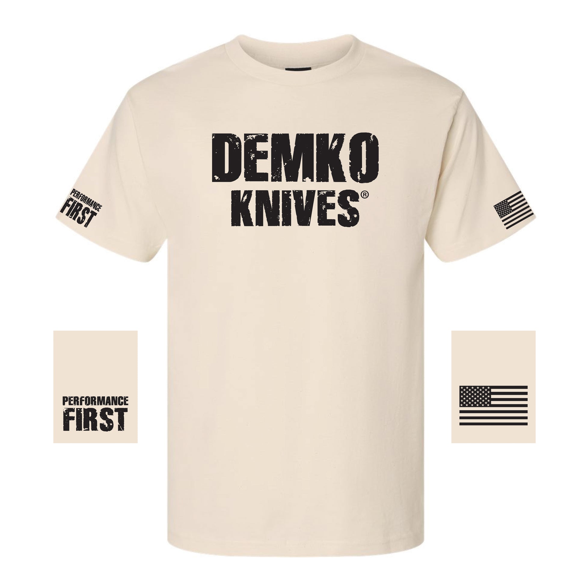 Beige t-shirt with 'Demko Knives' logo with "performance first" on one sleeve and the American flag on the other.