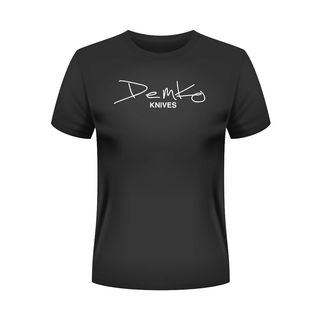 Black t-shirt with white 'Demko Knives' logo printed across the front.