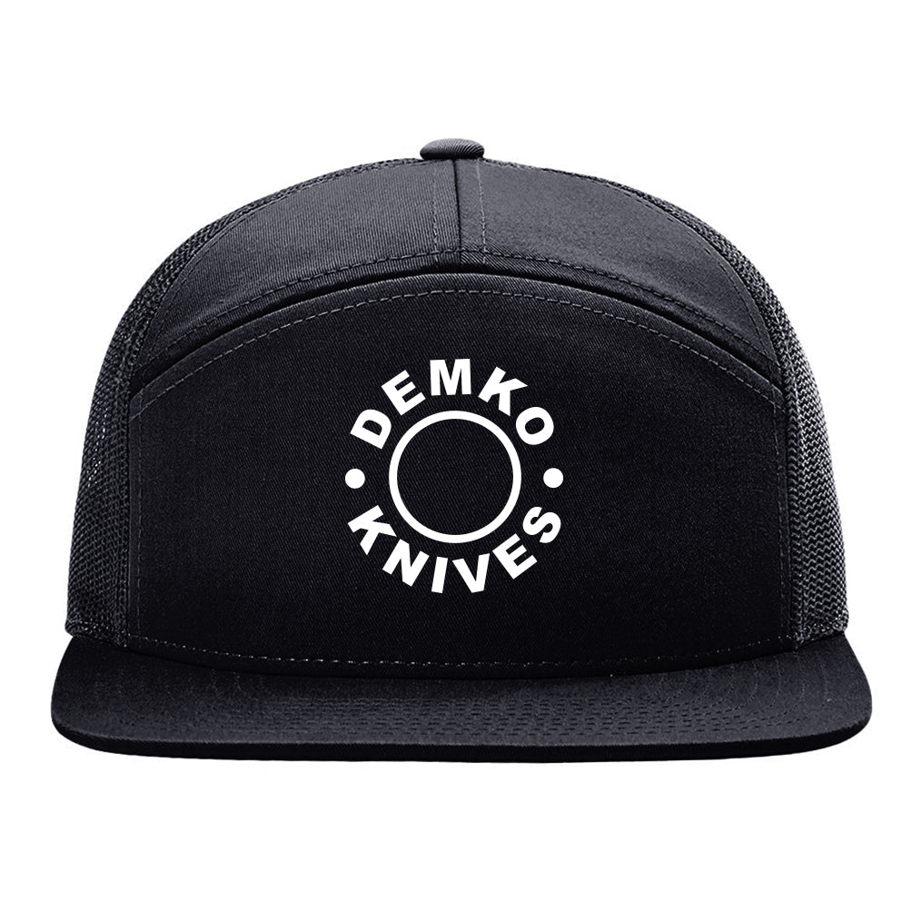 Black 5 panel hat with embroidered 'Demko Knives' logo on a white background.