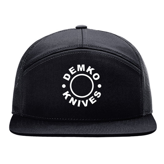 Black 5 panel hat with embroidered 'Demko Knives' logo on a white background.