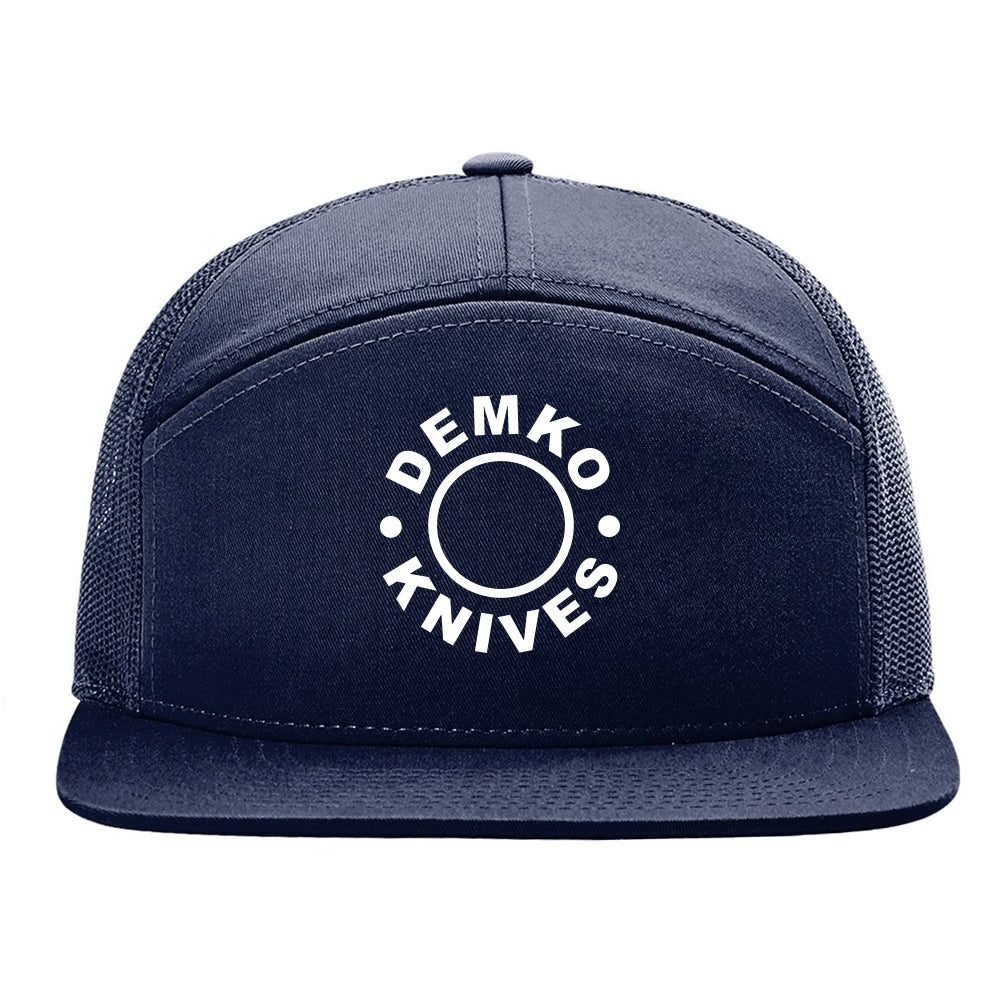 Navy blue 5 panel hat with embroidered 'Demko Knives' logo on a white background.