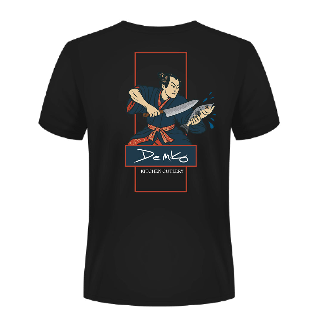 Black t-shirt with a samurai graphic design with 'Demko Kitchen Cutlery' text on a white background.