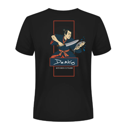 Black t-shirt with a samurai graphic design with 'Demko Kitchen Cutlery' text on a white background.