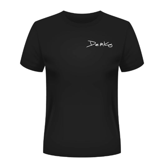 Black t-shirt with white 'Demko' logo on a white background.