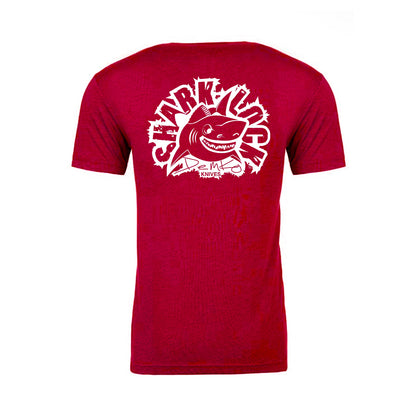 Red t-shirt with a white Demko shark-lock logo printed across the back.
