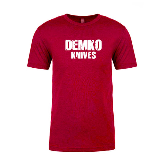 Red t-shirt with white 'Demko Knives' text printed across the front.