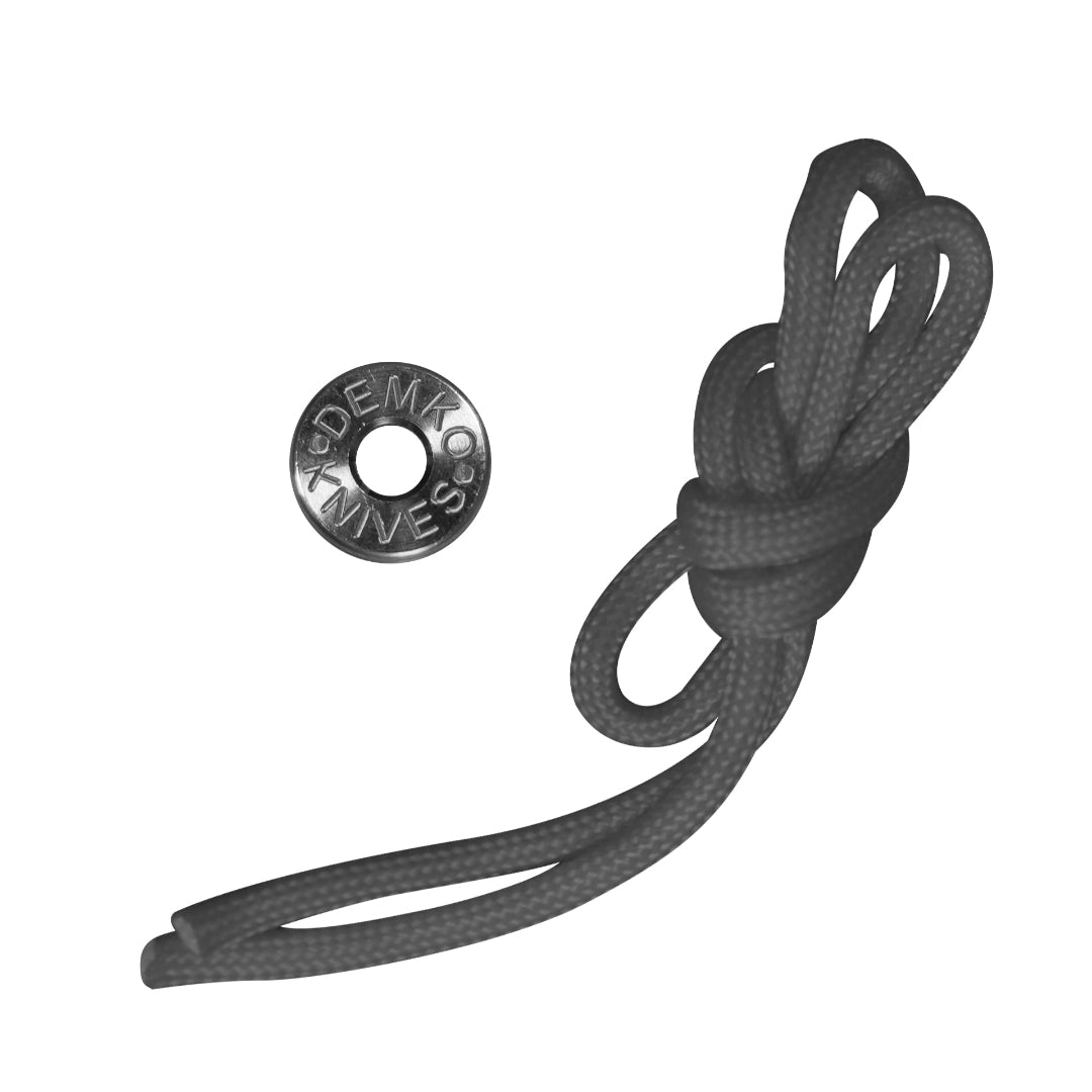 A precision-machined demko knives titanium bead with an grey paracord lanyard.