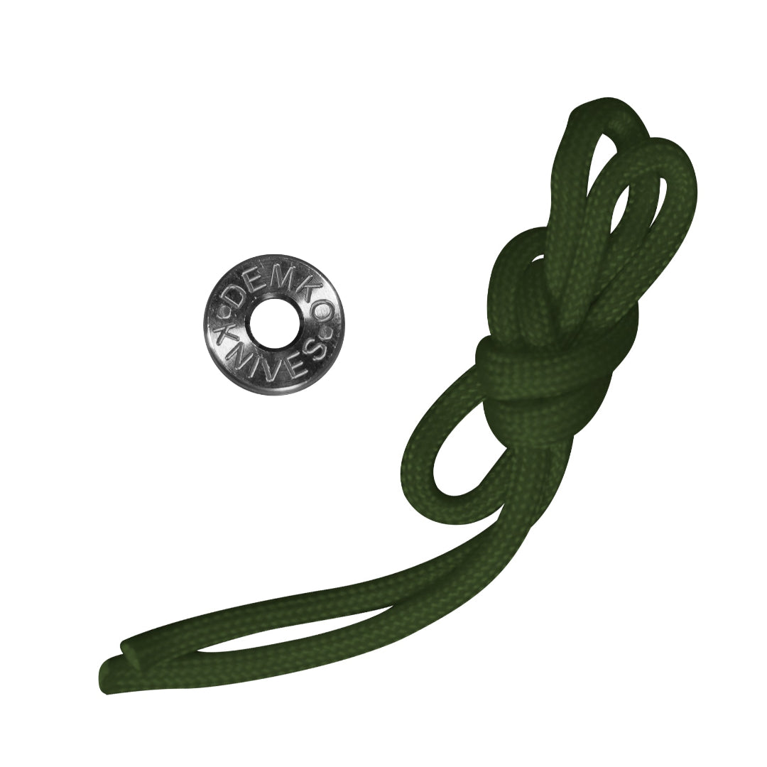A precision-machined demko knives titanium bead with an OD Green paracord lanyard.